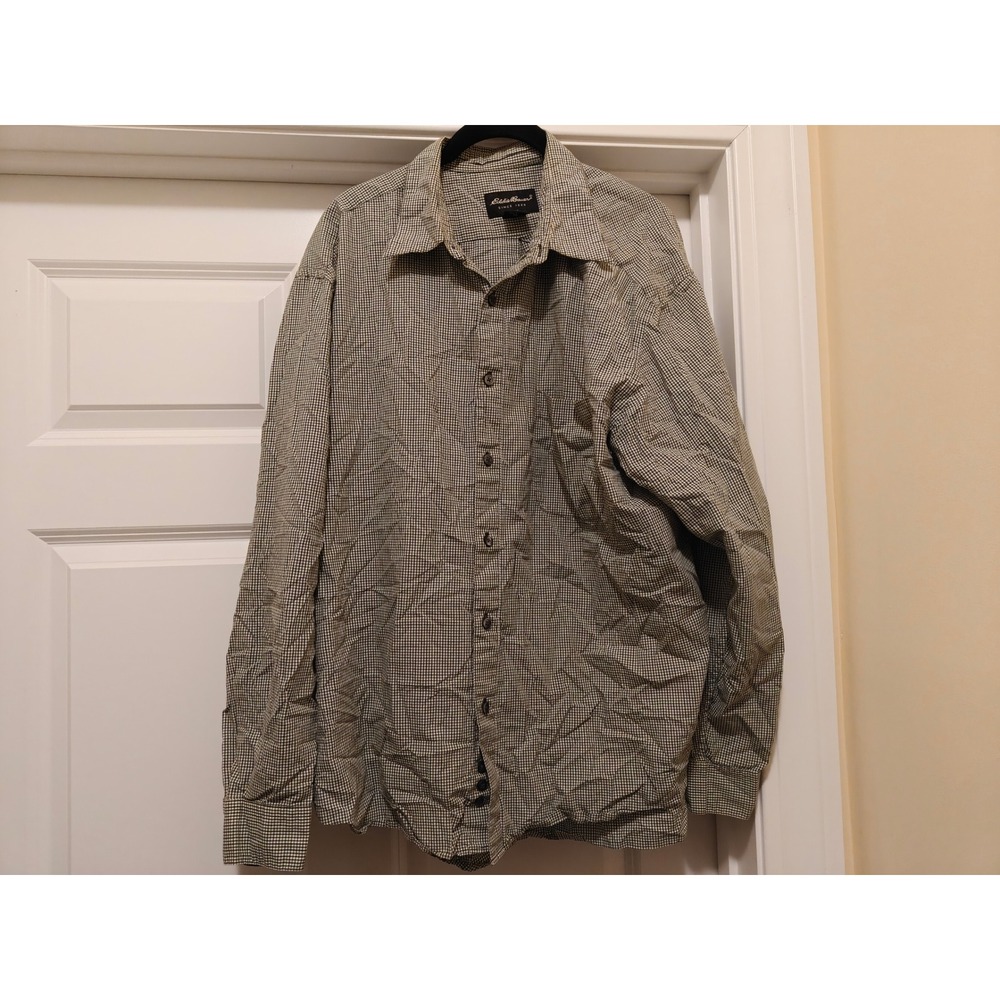 Eddie Bauer Mens XL Long Sleeve Button Down Shirt Olive Green Gingham Check 1453